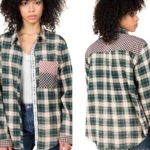POL Flannel Plaid Mixed Print Button Down Shirt Shacket Womens Green Size M